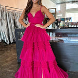 Amanda| A-Line Spaghetti Straps Long Tiered Tulle Prom Dress With Split