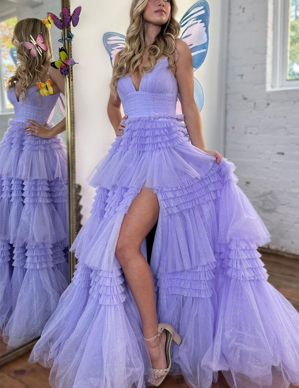 Amanda| A-Line Spaghetti Straps Long Tiered Tulle Prom Dress With Split