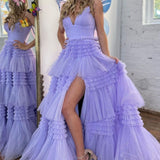 Amanda| A-Line Spaghetti Straps Long Tiered Tulle Prom Dress With Split