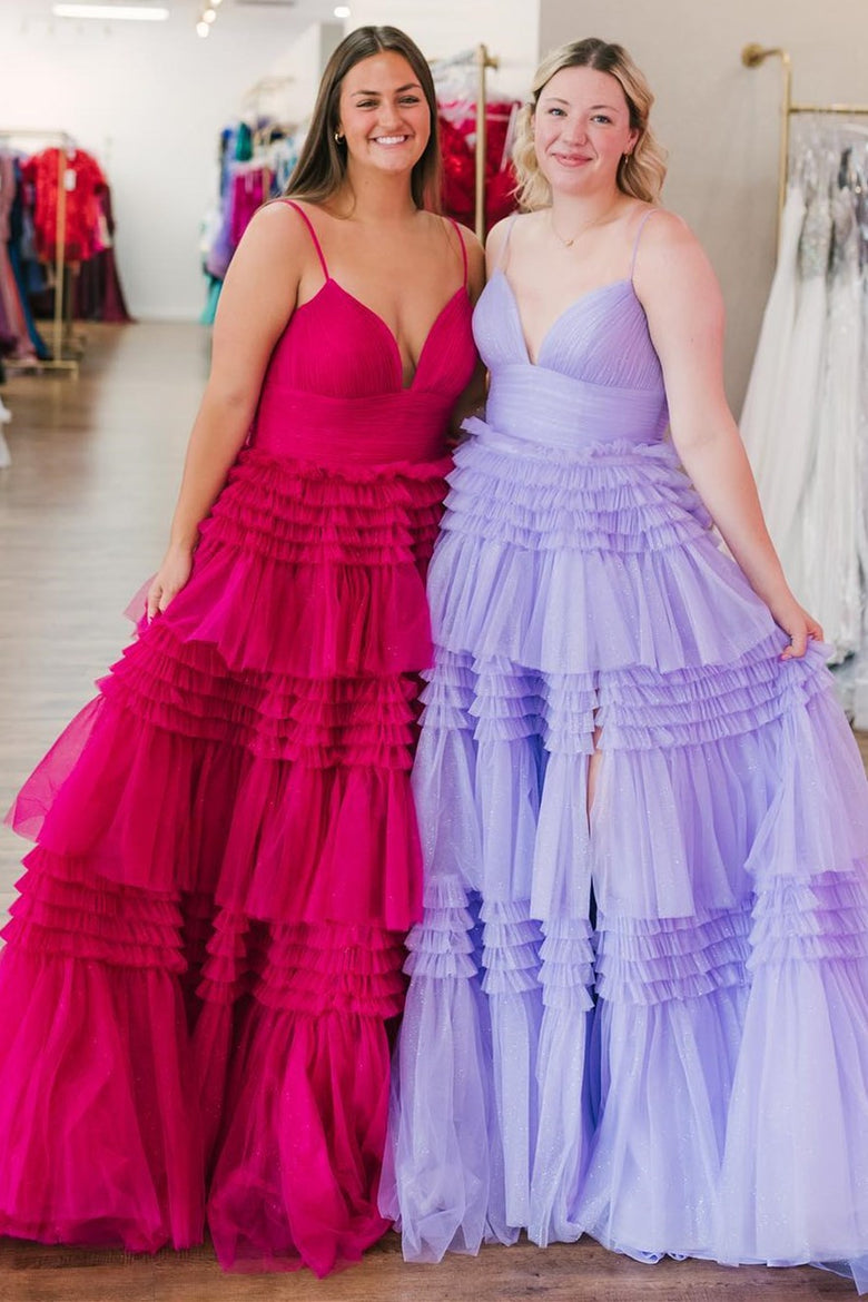 Amanda| A-Line Spaghetti Straps Long Tiered Tulle Prom Dress With Split