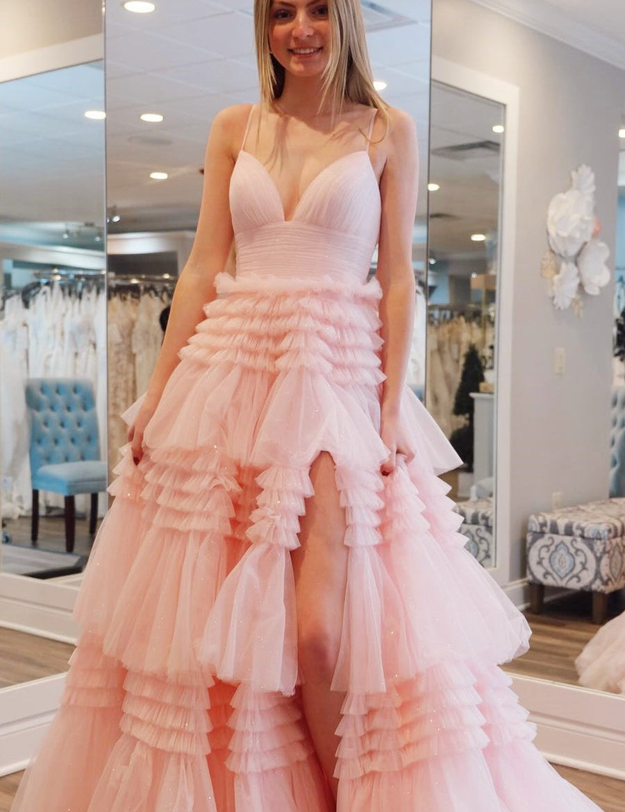 Amanda| A-Line Spaghetti Straps Long Tiered Tulle Prom Dress With Split