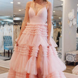 Amanda| A-Line Spaghetti Straps Long Tiered Tulle Prom Dress With Split