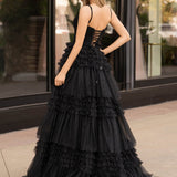 Amanda| A-Line Spaghetti Straps Long Tiered Tulle Prom Dress With Split