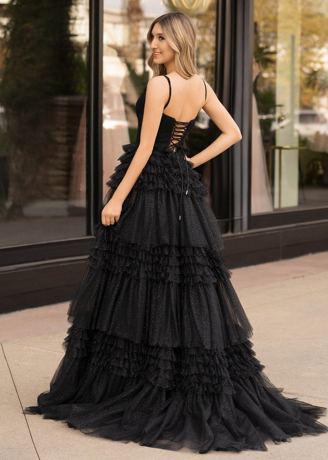 Amanda| A-Line Spaghetti Straps Long Tiered Tulle Prom Dress With Split