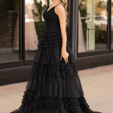 Amanda| A-Line Spaghetti Straps Long Tiered Tulle Prom Dress With Split