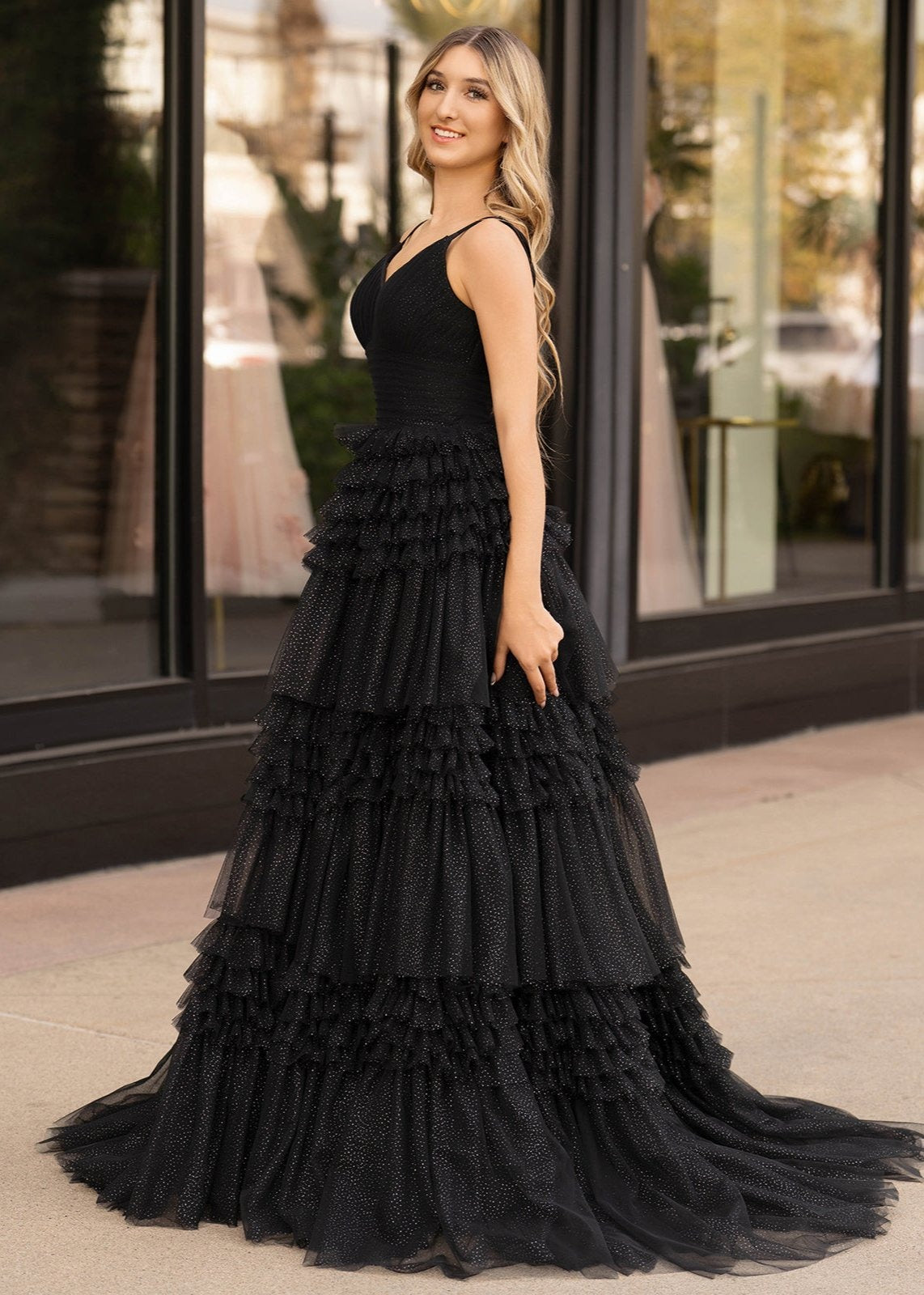 Amanda| A-Line Spaghetti Straps Long Tiered Tulle Prom Dress With Split