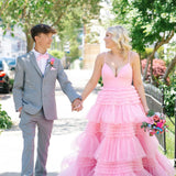 Amanda| A-Line Spaghetti Straps Long Tiered Tulle Prom Dress With Split