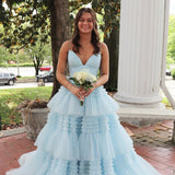 Amanda| A-Line Spaghetti Straps Long Tiered Tulle Prom Dress With Split