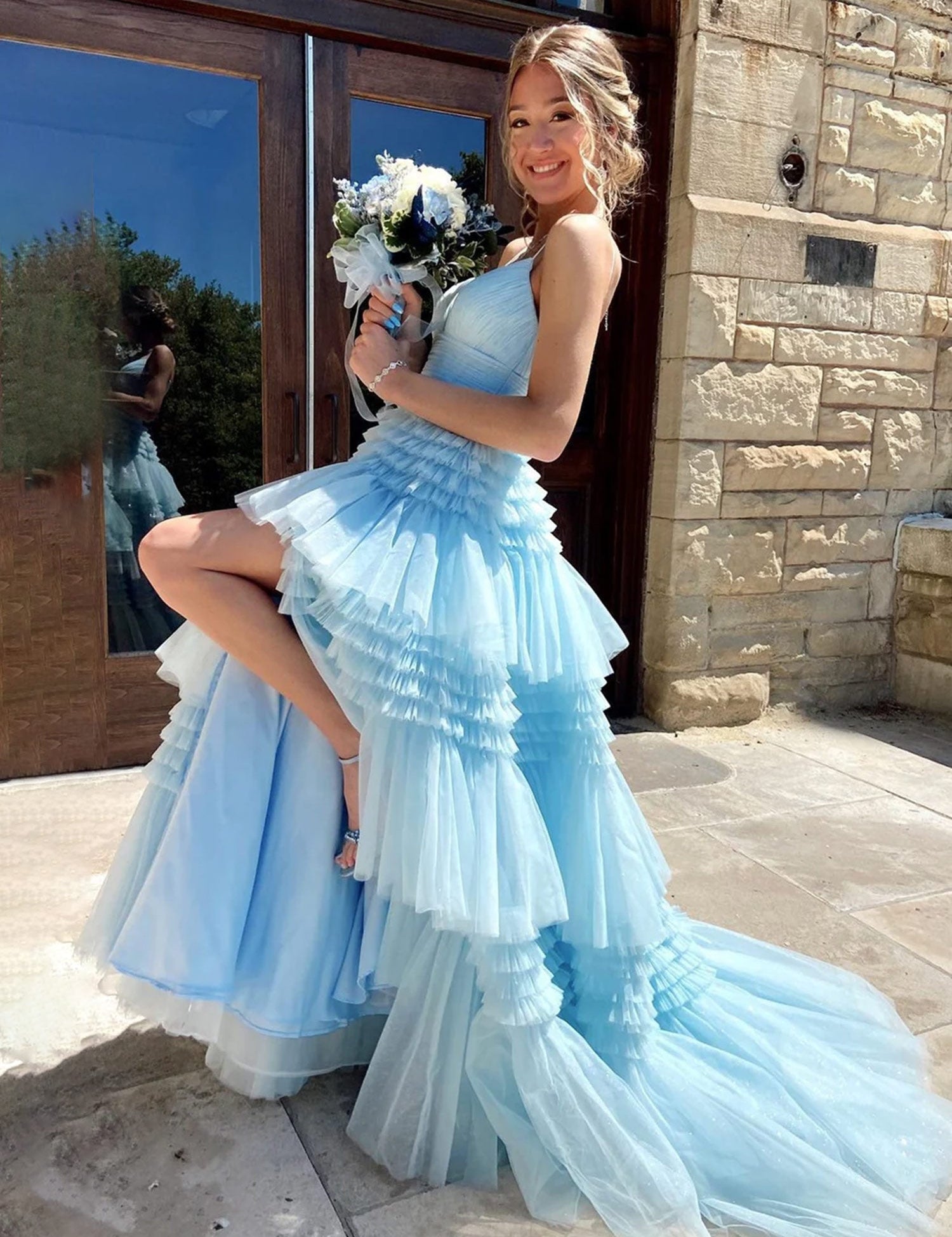 Amanda| A-Line Spaghetti Straps Long Tiered Tulle Prom Dress With Split