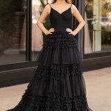 Amanda| A-Line Spaghetti Straps Long Tiered Tulle Prom Dress With Split