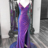 Anara | Purple Iridescent Sequins V Neck Lace-Up Mermaid Long Prom Dress with Slit