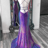 Anara | Purple Iridescent Sequins V Neck Lace-Up Mermaid Long Prom Dress with Slit