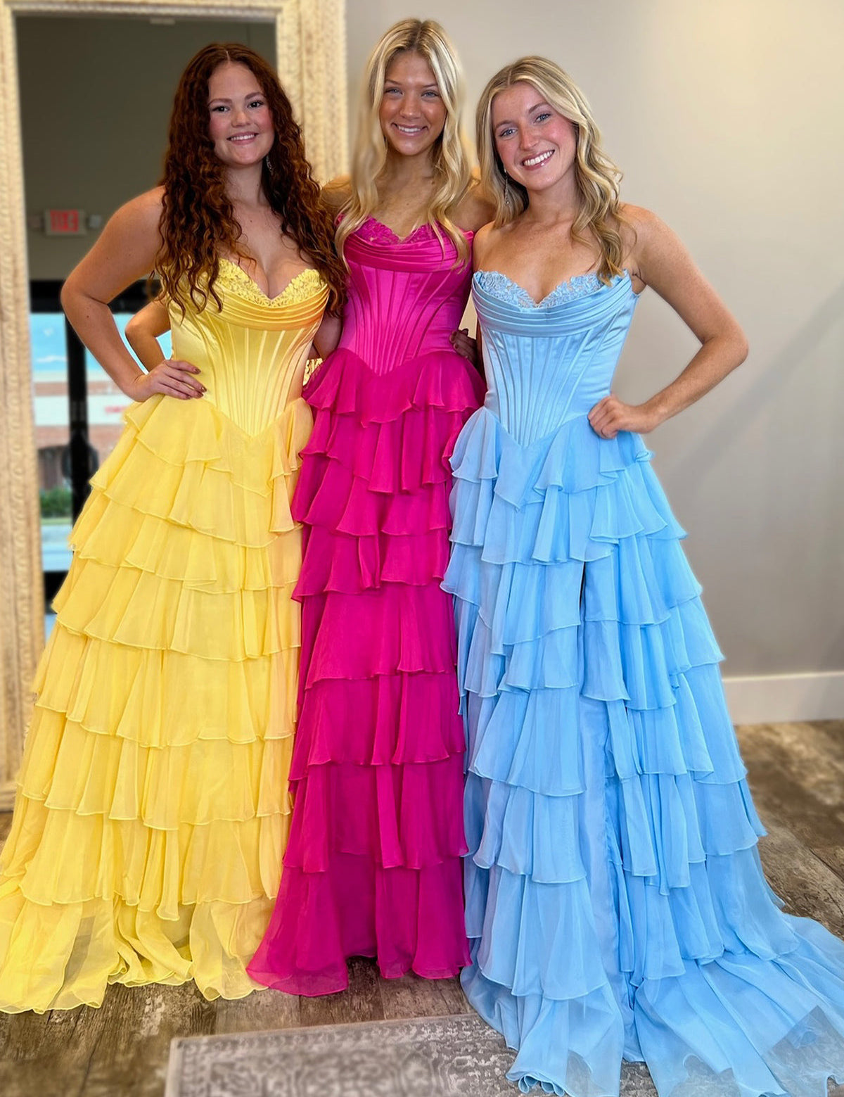 Ardea |Yellow Strapless A-Line Ruffle Long Prom Dress With Split