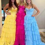 Ardea |Yellow Strapless A-Line Ruffle Long Prom Dress With Split