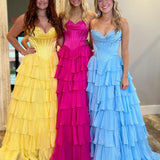 Ardea |Yellow Strapless A-Line Ruffle Long Prom Dress With Split