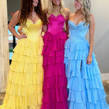 Ardea |Yellow Strapless A-Line Ruffle Long Prom Dress With Split