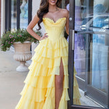 Ardea |Yellow Strapless A-Line Ruffle Long Prom Dress With Split