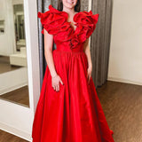 Arden | Red Ruffle V Neck Satin A-Line Long Prom Dresses