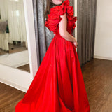 Arden | Red Ruffle V Neck Satin A-Line Long Prom Dresses