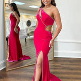 Arrietty | Red One Shoulder Velvet Mermaid Long Prom Dresses with Slit