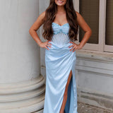 Astraea | Mermaid Straps Blue Beaded Ruched Long Prom Dress with Slit