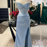 Astraea | Mermaid Straps Blue Beaded Ruched Long Prom Dress with Slit