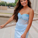 Astraea | Mermaid Straps Blue Beaded Ruched Long Prom Dress with Slit