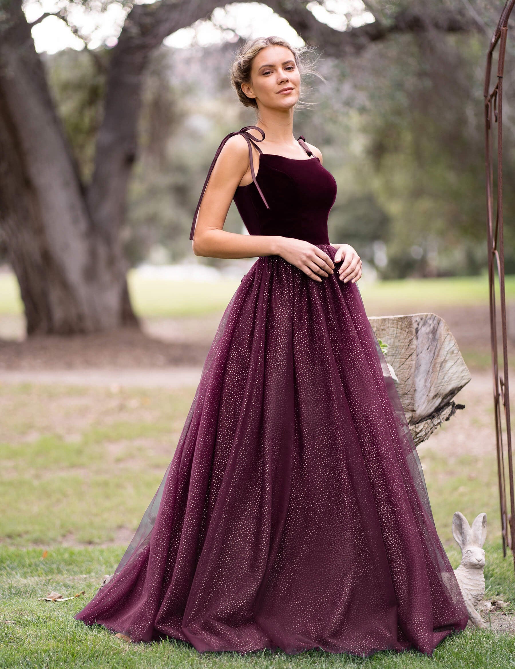 Spagatti Straps Velvet Tulle Floor Length Prom Dress