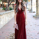 Elegant A-Line Halter Backless Burgundy Velvet Long Bridesmaid Dresses Prom Gown