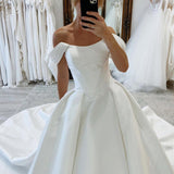 Elly | Elegant A-Line Off the Shoulder White Satin Wedding Dresses