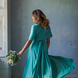 A Line Halter Neck Jersey Bridesmaid Dress With Half Sleeves And Straps Back