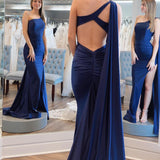 Simple Mermaid One Shoulder Navy Blue Satin Long Prom Dresses