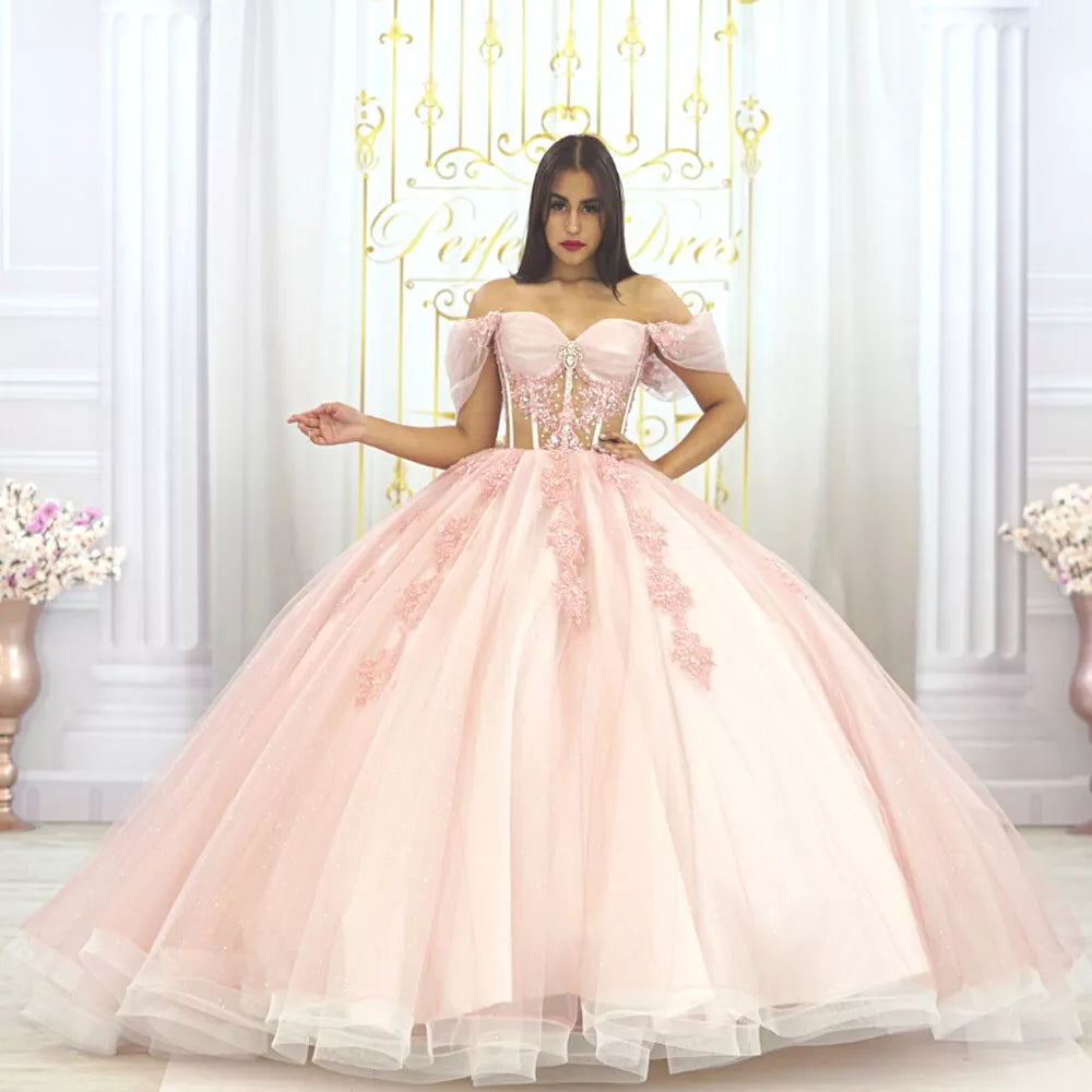 Ball-Gown Pink Off-the-Shoulder Quinceanera Dresses