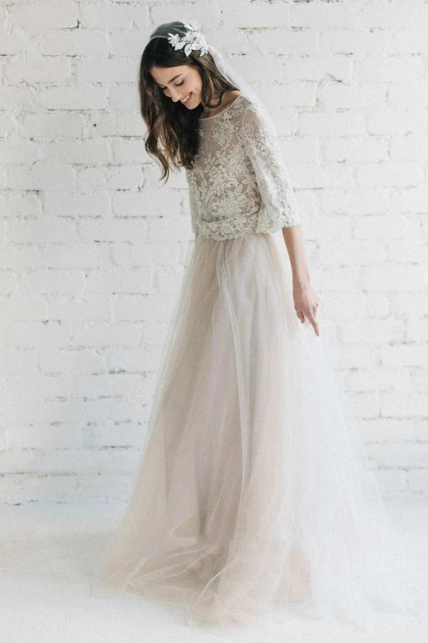 Bateau Lace Half Sleeve A-Line Tulle Dress With Low-V Back