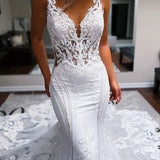 Mermaid V Neck Satin Lace Wedding Dresses