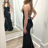 Black V Neck Satin Mermaid Long Prom Dresses with Slit