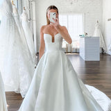 A-Line V Neck Satin Wedding Dresses with Detachable Straps