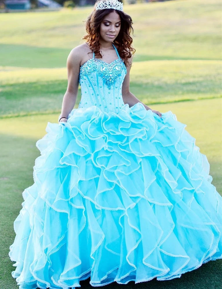 Halter Tulle Ball Gown Quinceanera Dresses With Rhinestones