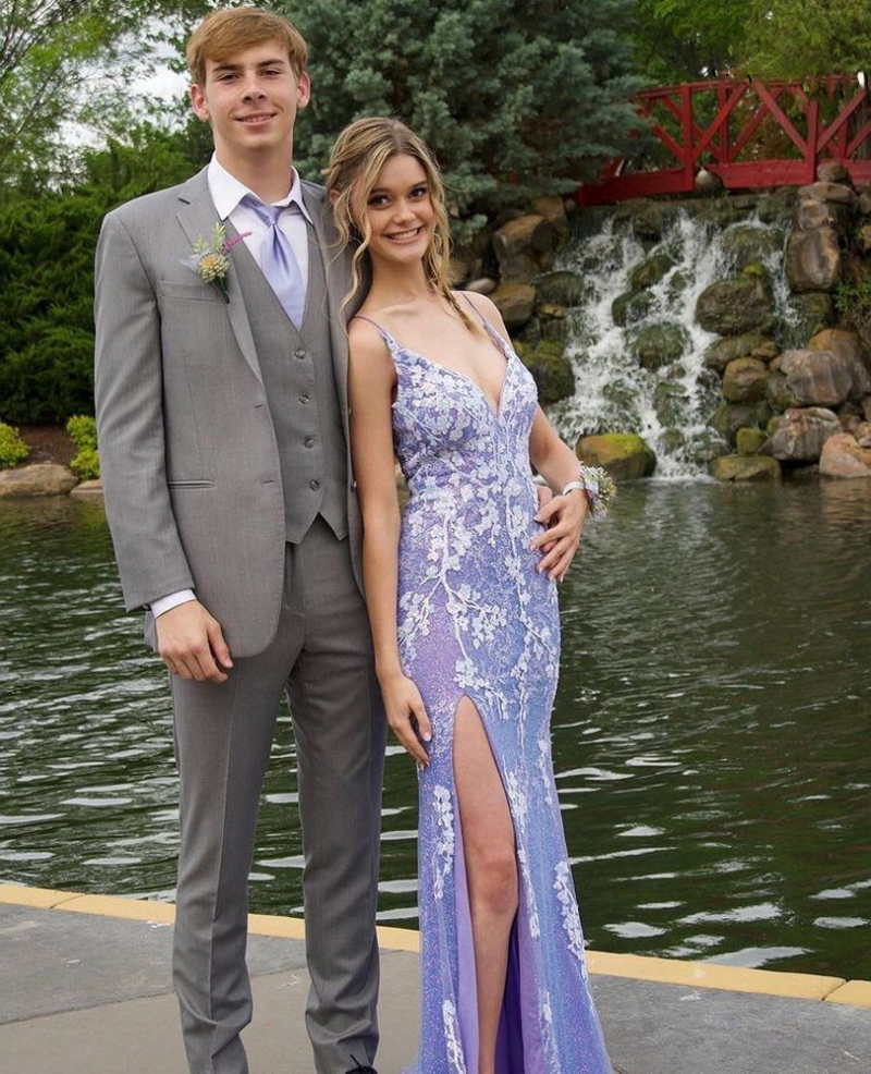 Ainhoa | Glitter Blue Mermaid Lace Long Prom Dress with Slit