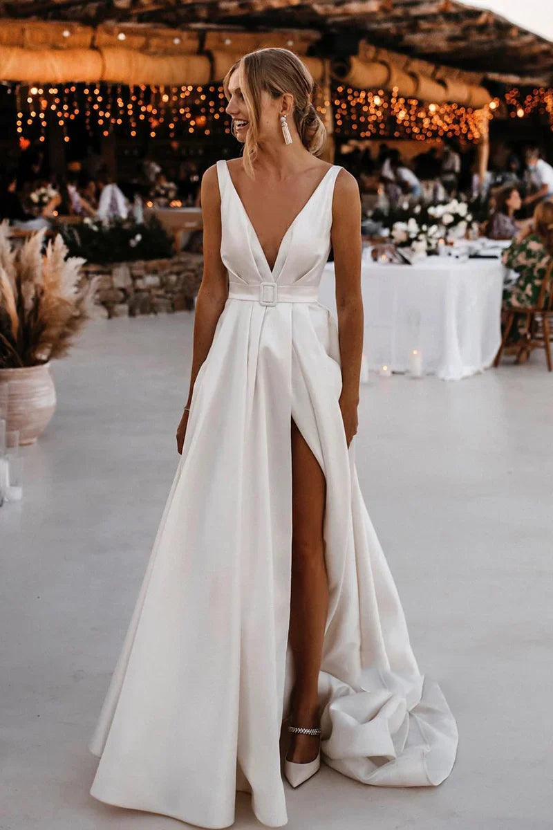 Attractive Deep V-Neck White Satin Bohemian Wedding Dress