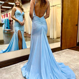 Royal Blue Beaded V Neck Mermaid Long Prom Dresses with Slit