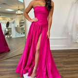 Beth | Fuchsia Strapless Taffeta A-line Long Formal Dress