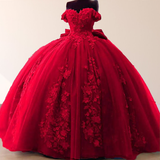 Big Bow Floral Flower Lace Applique Off Shoulder Ball Gown Quinceanera Dresses