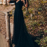 Black A-line Spaghetti V-neck Satin Unique Wedding Dress with Illusion Tulle Long Sleeve