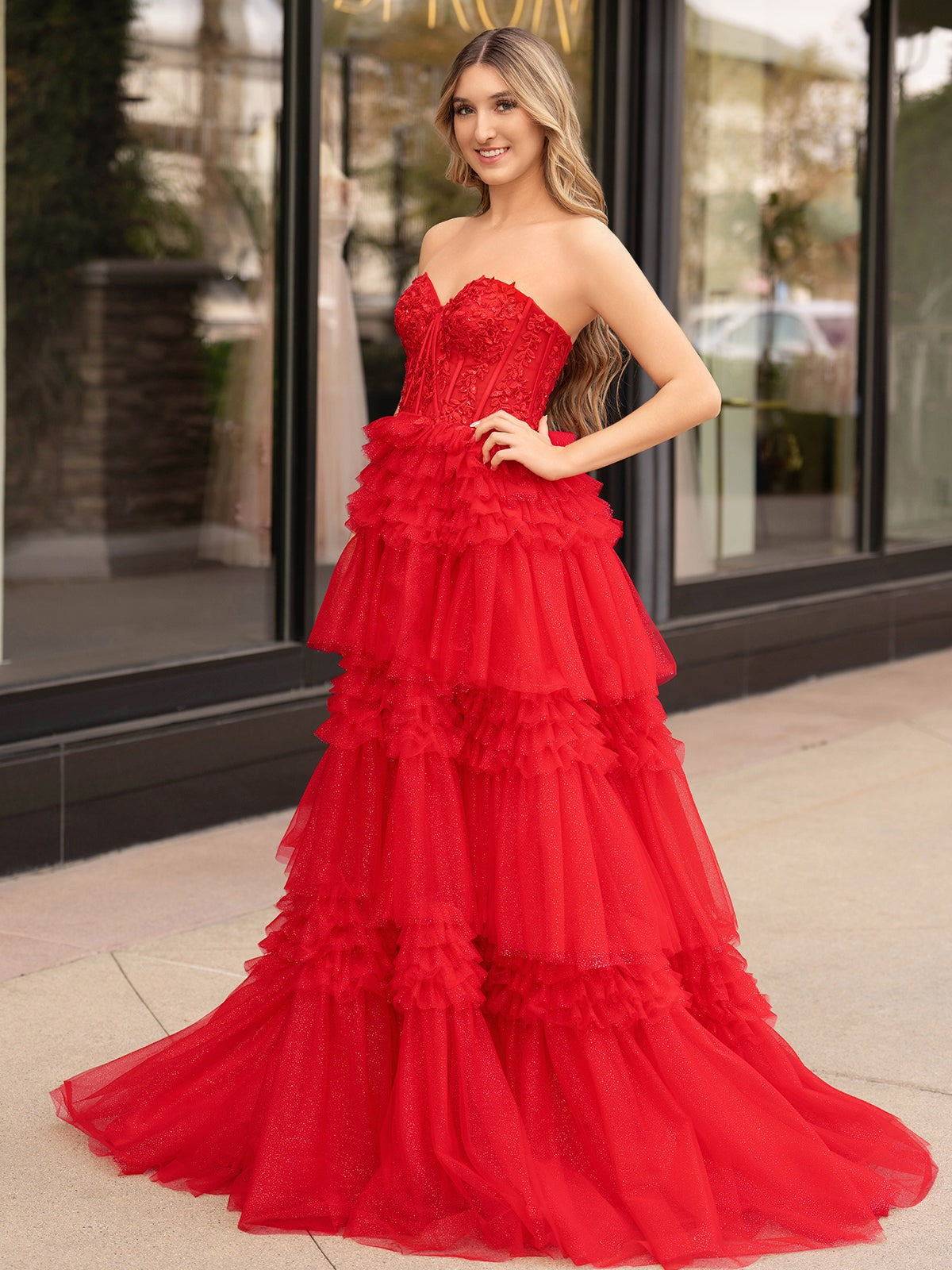 Adelyn |A-Line Sweetheart Tiered Long Tulle Prom Dress