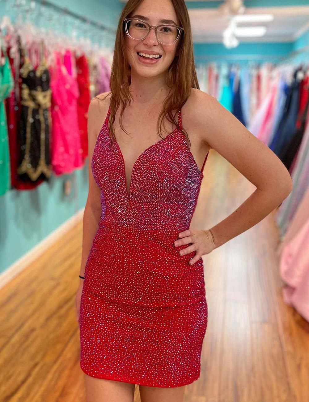 Sexy Fitted V-Neck Spaghetti Straps Fully Beaded Homecoming Dress