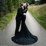 Black Mermaid Floral Lace Wedding Dress with Appliques