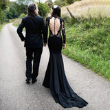 Black Mermaid Floral Lace Wedding Dress with Appliques