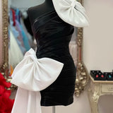 Black One Shoulder Tight Homecoming Dress with White Bows