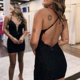 Black Spaghetti Straps Cross Back Beading Short Homecoming Dress